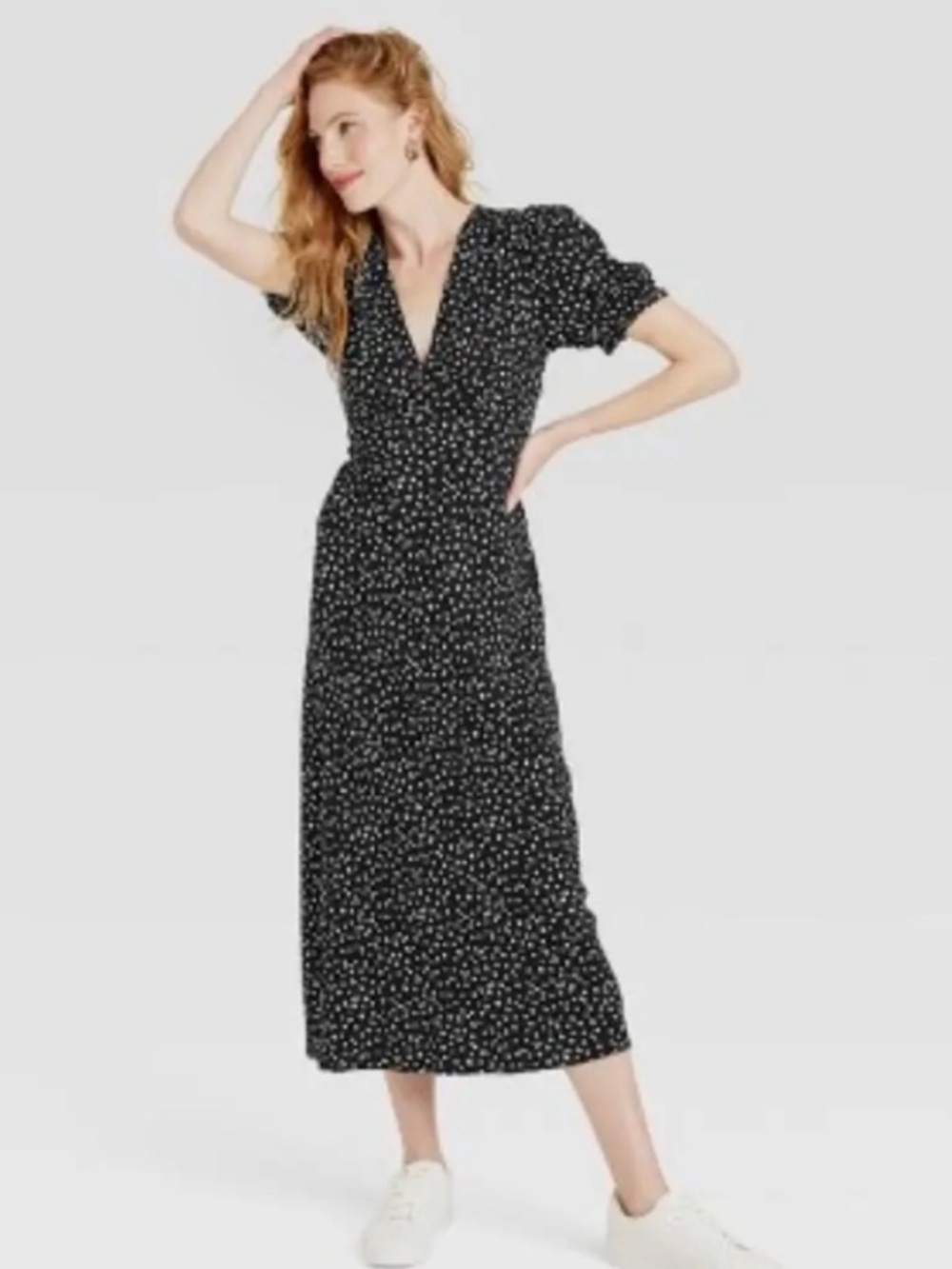 a new day Black Midi white hearts Dress with V-Neck
